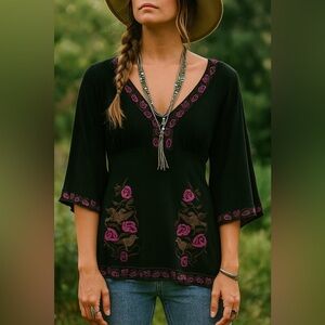 BCBGMAXAZRIA | Black Top with Pink Embroidery Bell Sleeves